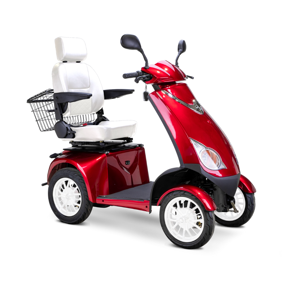 The Bespoke Platinum Recreational 4-Wheel Scooter features a red design, white cushioned seat with armrests and headrest, rearview mirrors, rear wire basket, and smart technology with electric brake assist for added convenience and safety.